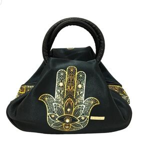 Black Satchel Bag with Gold Hamsa Design